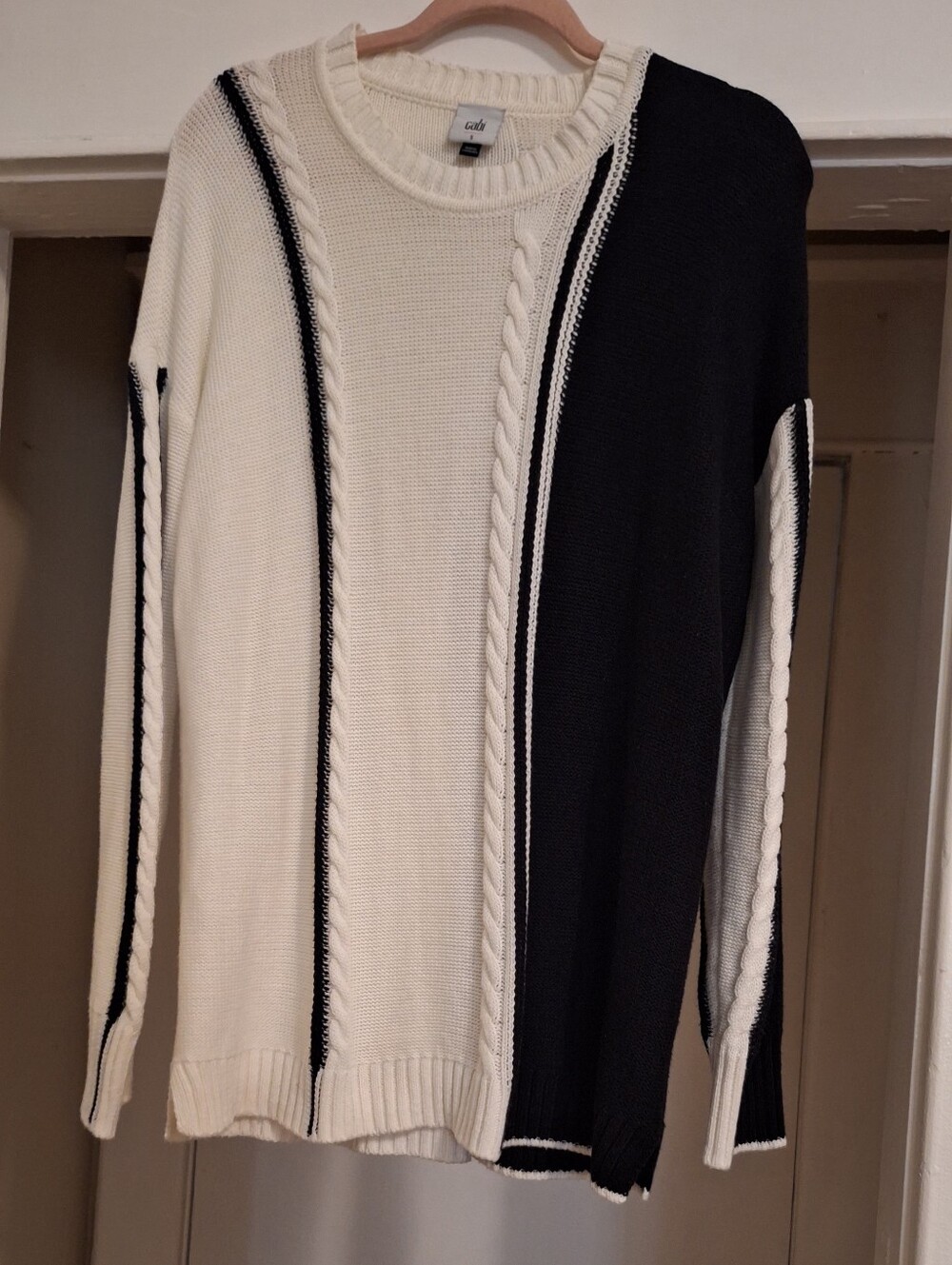 CAbi Black & White Cable-Panel Crewneck Sweater
